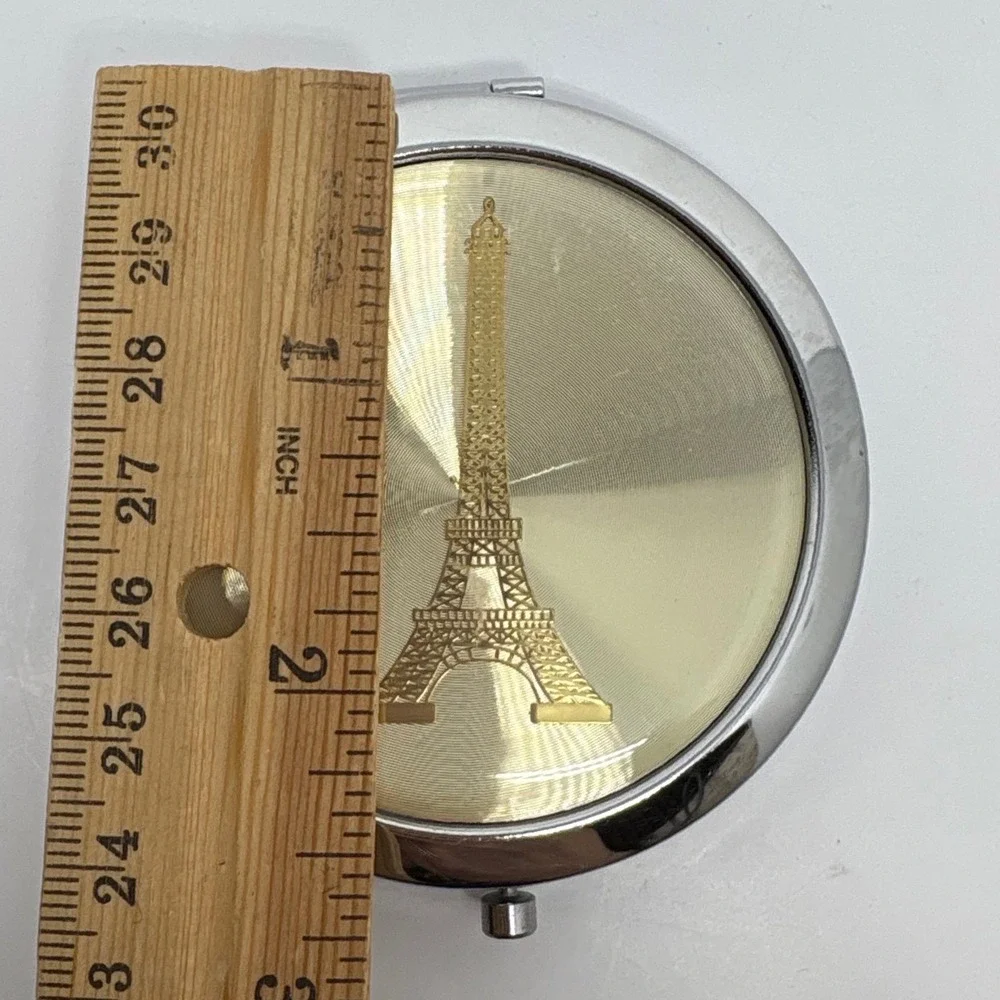 Vintage Eiffel Tower Compact Mirror Silver Gold Paris Travel Makeup Pocket Case
